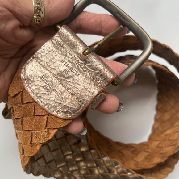 Vintage Wide 40in Gold Leather Belt Weathered Cowhide Braided Woven Boho main image 9